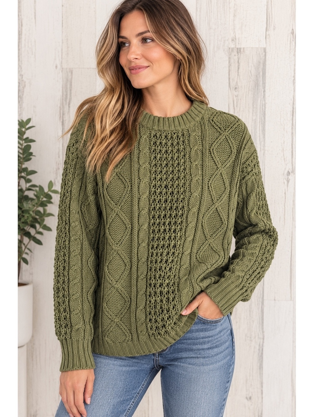 Vintage 90s Littlewood Green Cable Knit Sweater Women’s M Olive Fisherman